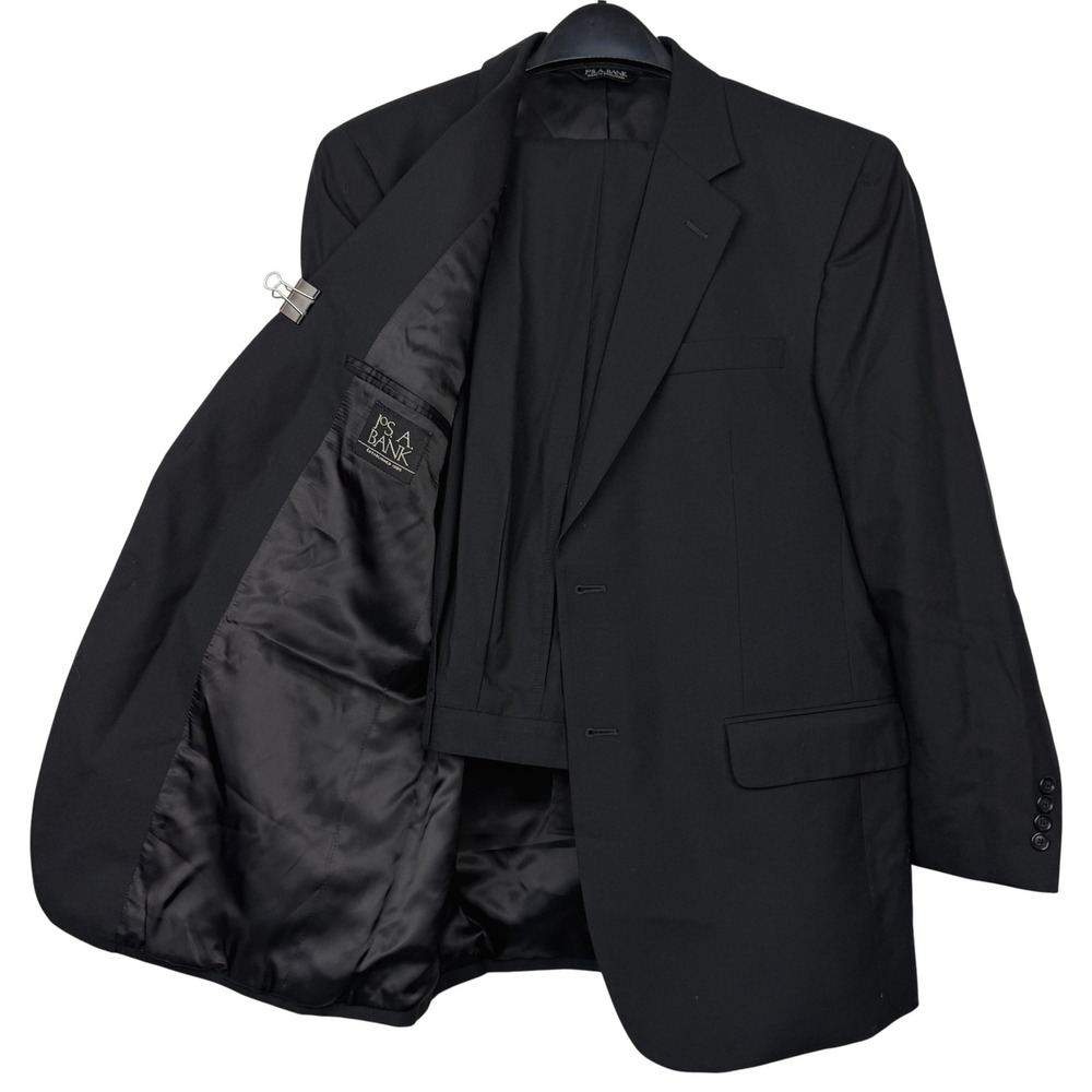 Jos A Bank 2-Piece Suit Mens 42R 36x29 100% WOOL Pleated Cuffed Solid Black - Picture 3 of 16